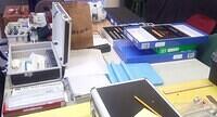 Table space full of train boxes
